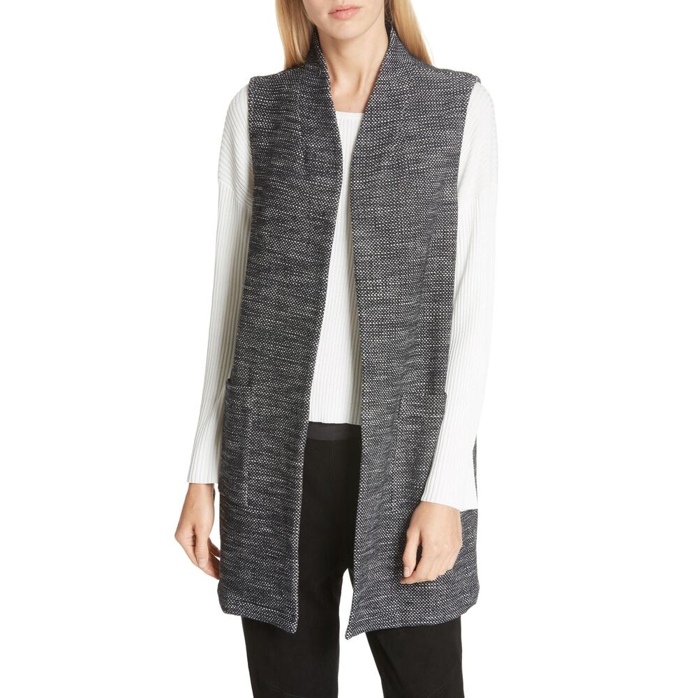 Eileen Fisher Organic Cotton Tweed Open-Front Pocket Vest Size L Large